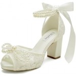 Lace Pearl Wedding Shoes for Bride High Heel Bridal Shoes Peep Toe Platform Wedding Heels