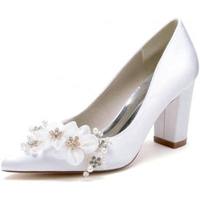 Minishion Womens Pump Shoes for Wedding Slip-on Chunky High Heel Evening Shoes with Flower MS324