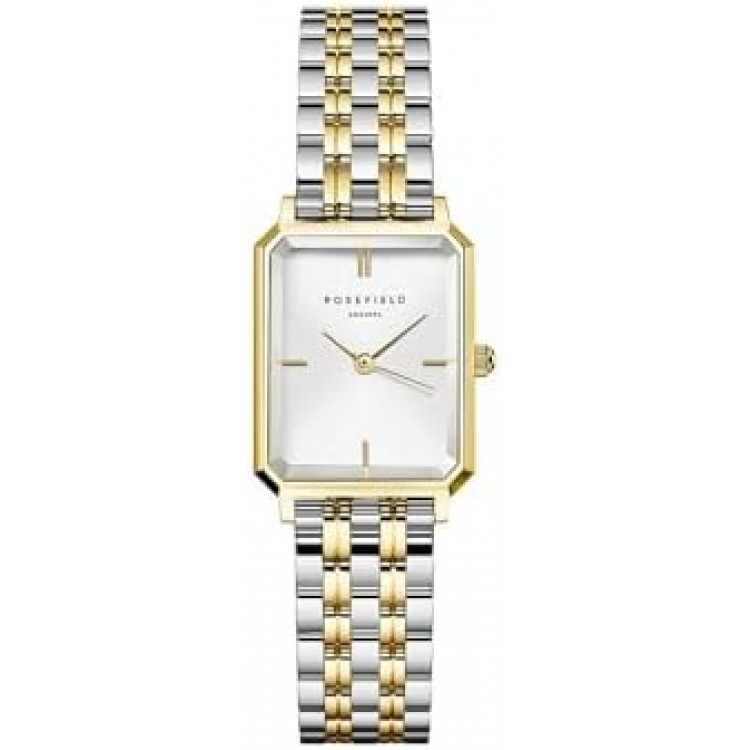 Rosefield Women's Octagon XS White Sunray Dial Gold-Tone Case Steel Duotone Bracelet OWDSG-O62 Dress Watch, White/Gold/Silver, 19.5x24mm