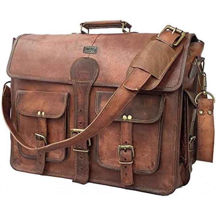 cuero Vintage Handmade Leather Travel Crossbody Laptop Briefcase For Men And Women