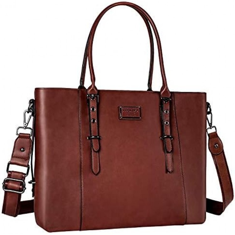 MOSISO PU Leather Laptop Tote Bag for Women (15-16 inch), Brown