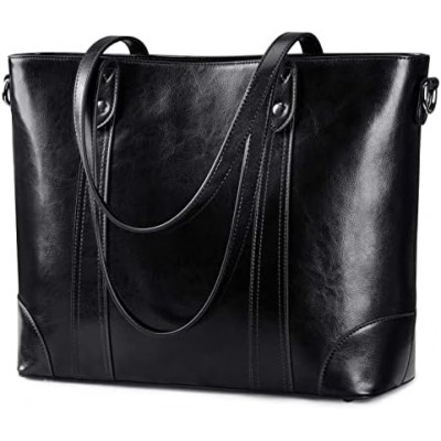 S-ZONE Leather Tote Bag for Women Office Shoulder Handbag 15.6 Inch Work Laptop Briefcase