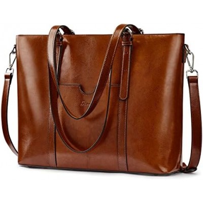 S-ZONE Women Genuine Leather Laptop Tote Bag Office Shoulder Handbags Briefcase 15.6 inch Computer Work Purse