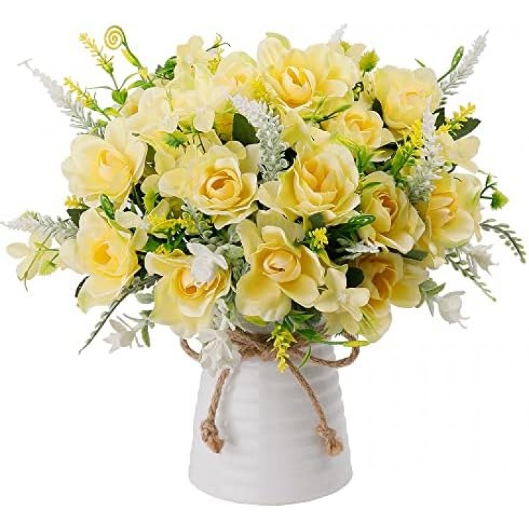 LESING Artificial Flowers with Vase Fake Silk Flowers in Vase Gardenia Flowers Decoration for Home Table Office Party (Champagne)