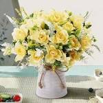 LESING Artificial Flowers with Vase Fake Silk Flowers in Vase Gardenia Flowers Decoration for Home Table Office Party (Champagne)