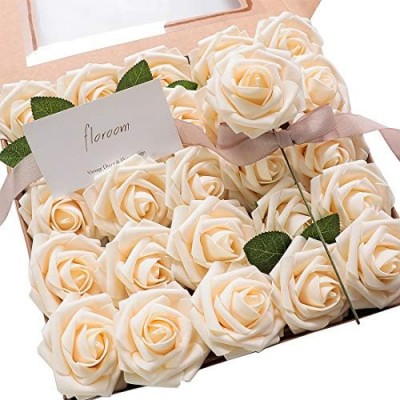 Floroom Artificial Flowers 50pcs Real Looking Champagne Foam Fake Roses with Stems for DIY Wedding Bouquets Bridal Shower Centerpieces Floral Arrangements Party Tables Home Decorations