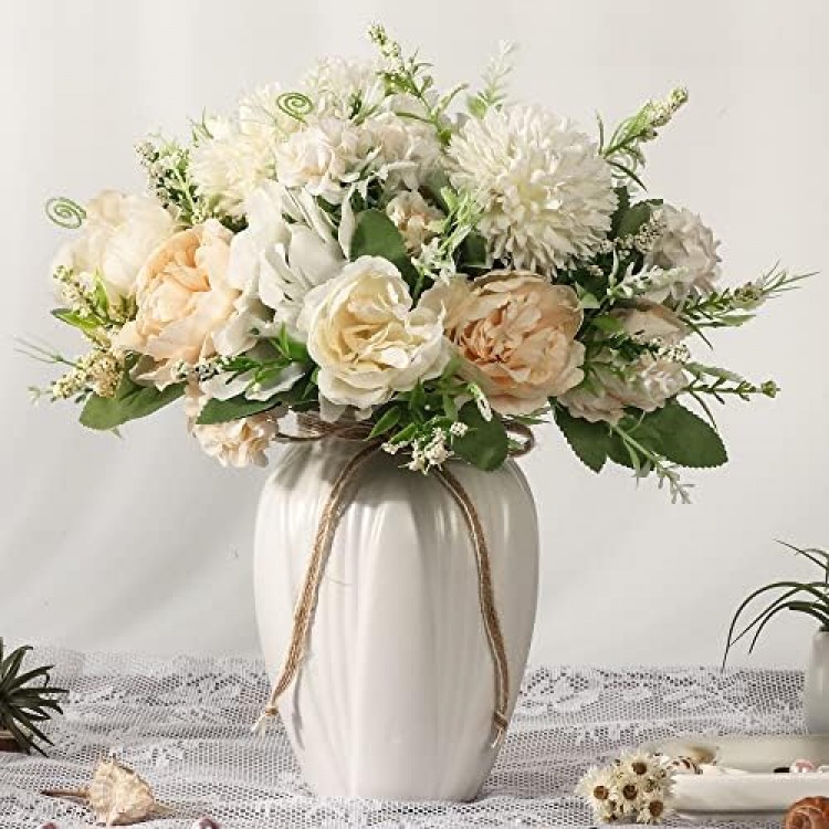 JARELING Peonies Artificial Flowers in Vase, Fake Hydrangea Silk Peony Flower Bouquet with Vase Faux Flowers Arrangement Decor Home Table Dining Room (White)