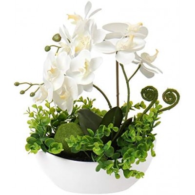 Orchids Artificial Flowers 14" Large Fake Orchid White Phalaenopsis Orchid Flower Arrangements with Ceramic Vase Faux Orchid for Home Bathroom Table Centerpiece Office Wedding Decor