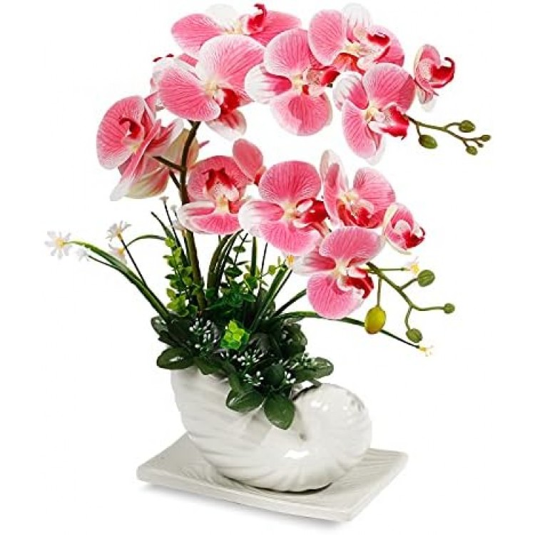 LIVILAN Orchid Pink Flowers Artificial Orchid Fake Orchid Flower Faux Orchids Pink with White Ceramic Vase Artificial Flowers Artificial Orchid Plants for Home Decor Indoor Office Table Centerpieces