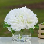 ENOVA HOME Silk Peony Flowers Arrangements in Cube Glass Vase with Faux Water for Home Table Wedding Centerpiece Decoration (Cream)