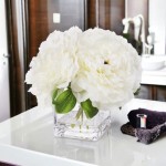 ENOVA HOME Silk Peony Flowers Arrangements in Cube Glass Vase with Faux Water for Home Table Wedding Centerpiece Decoration (Cream)