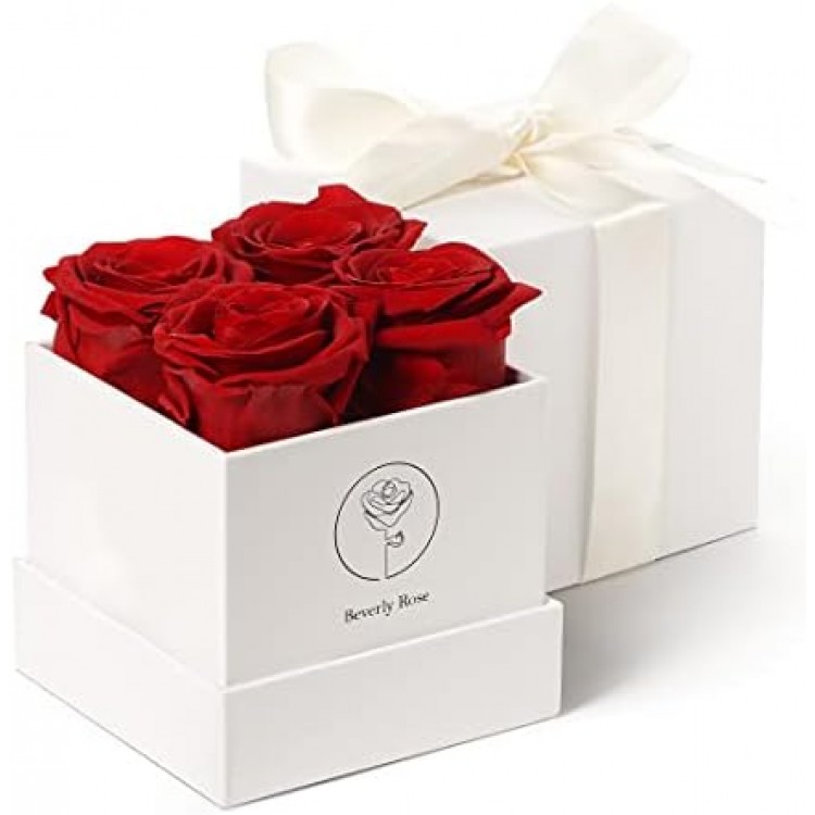 Beverly Rose 4Pcs Red Square Forever Flower Box of Roses Real Eternity Roses Preserved Flowers – Fresh Forever Roses That Last a Year Or More, Preserved Roses In a Box, Flowers For Delivery Prime