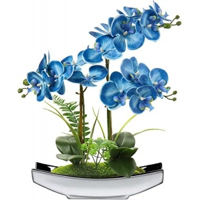 Orchids Artificial Flowers 15" Blue Phalaenopsis Orchid with Silver Pots Real Touch Faux Orchids for Home Office Bedroom Living Room Table Decoration, Briful