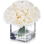 Enova Floral 18 Pieces Artificial Silk Roses Fake Flower Arrangement in Cube Glass Vase with Faux Water for Home Office Wedding Decoration (Cream)