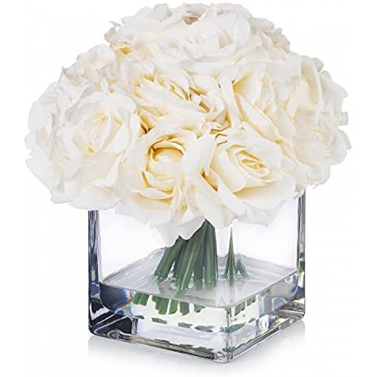 Enova Floral 18 Pieces Artificial Silk Roses Fake Flower Arrangement in Cube Glass Vase with Faux Water for Home Office Wedding Decoration (Cream)