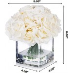 Enova Floral 18 Pieces Artificial Silk Roses Fake Flower Arrangement in Cube Glass Vase with Faux Water for Home Office Wedding Decoration (Cream)