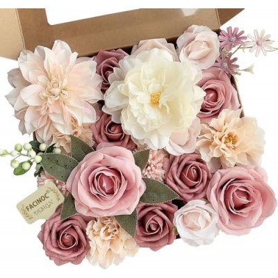 KOUEEYS Roses Artificial Flowers Pink Bouquets Box Set for DIY Bridal Wedding Shower Decorations Fake Floral Arrangements for Party Table Centerpieces Home Decor Indoor Outdoor Dusty Blush 19pcs