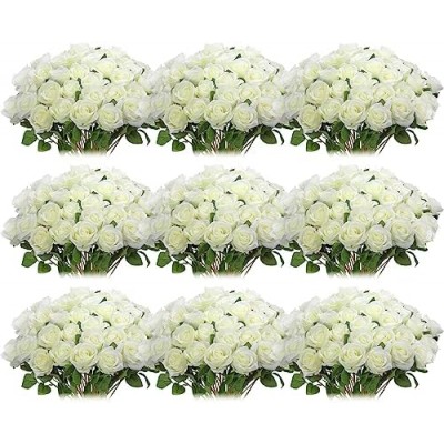 Jexine 100 Pieces Artificial Roses Flowers Bulk, Long Stem Realistic Fake Silk Roses Bouquet for Table Centerpiece Vases Wedding Party Home Kitchen Decor (White)