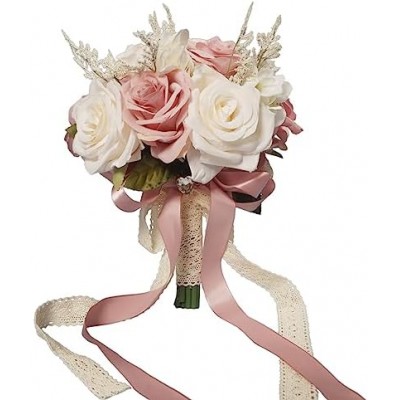 LEIFENY Wedding Bouquets for Bride, Champagne White & Pink Rose Bridal Bouquets for Bride, Artificial Flower Bouquet for Wedding, Bridesmaid Bouquets with Silk Ribbon, Valentine's Day, Home Decor