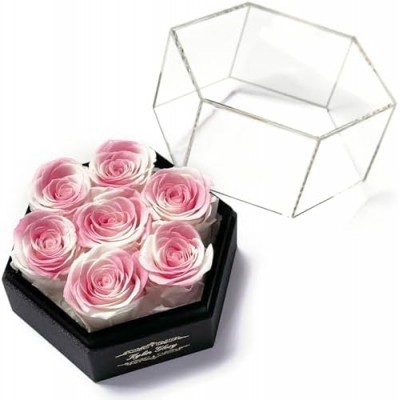 Kylin Glory Preserved Roses with Hexagon Acrylic Cover - 7 Piece Forever Flowers, Visible Freshness, Perfect for Mothers & Valentines Day Gifts (Pink & White)