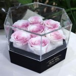 Kylin Glory Preserved Roses with Hexagon Acrylic Cover - 7 Piece Forever Flowers, Visible Freshness, Perfect for Mothers & Valentines Day Gifts (Pink & White)