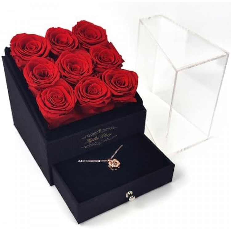 Kylin Glory Forever Roses with Rose Gold Necklace for Delivery Prime - 9 Piece Preserved Flowers under Arylic Cover, Visible Freshness, Ideal for Mothers & Valentines Day (Red)