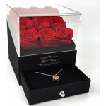 Kylin Glory Forever Roses with Rose Gold Necklace for Delivery Prime - 9 Piece Preserved Flowers under Arylic Cover, Visible Freshness, Ideal for Mothers & Valentines Day (Red)