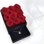 Kylin Glory Forever Roses with Rose Gold Necklace for Delivery Prime - 9 Piece Preserved Flowers under Arylic Cover, Visible Freshness, Ideal for Mothers & Valentines Day (Red)