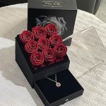 Kylin Glory Forever Roses with Rose Gold Necklace for Delivery Prime - 9 Piece Preserved Flowers under Arylic Cover, Visible Freshness, Ideal for Mothers & Valentines Day (Red)