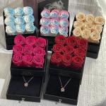 Kylin Glory Forever Roses with Rose Gold Necklace for Delivery Prime - 9 Piece Preserved Flowers under Arylic Cover, Visible Freshness, Ideal for Mothers & Valentines Day (Red)