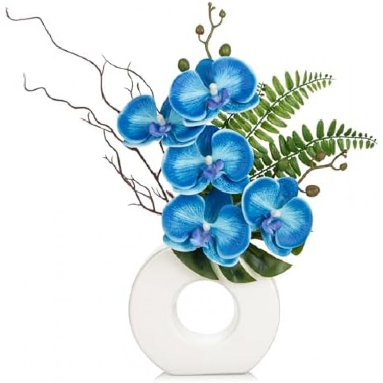 Briful Orchid Fake Flowers 16.1'' Blue Artificial Orchid Silk Flowers with Vase Faux Orchid Arrangement for Home Office Bathroom Desk Modern Decoration