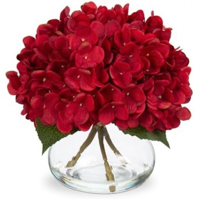 Hollyone Hydrangea Artificial Flowers in Vase Red Silk Fall Fake Flowers Arrangements with Glass Vase with Faux Water Faux Floral Bulk Bouquet for Office Table Centerpiece Shelf Home Decorations