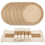 Zology Handmade Boho Placemats Set of 6 - Natural Cotton Burlap and Water Straw Woven Combination Table Mats, Macrame Décor and Farmhouse Style Placemats, for Dining Table Kitchen