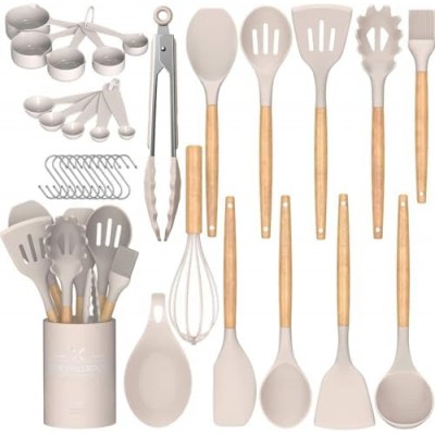 Kitchen Utensil Set Silicone Cooking Utensils Umite Chef 24 pcs Kitchen Utensils Tools Wooden Handle Spoons Silicone Utensil Set Spatulas Set Cookware Turner Tongs Whisk Kitchen Gadgets with Holder