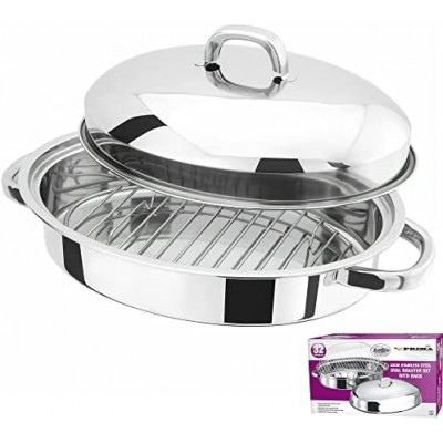 Prima Kitchenware New 32cm Stainless Steel Roasting Tray Pan Oval Set with Removable Rack Cooking Baking Sturdy Handles