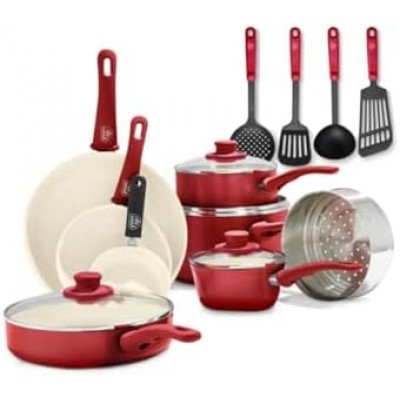 GreenLife Soft Grip Healthy Ceramic Nonstick, 16 pc Cookware Pots and Pans Set, PFAS-Free, Dishwasher Safe, Red