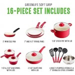 GreenLife Soft Grip Healthy Ceramic Nonstick, 16 pc Cookware Pots and Pans Set, PFAS-Free, Dishwasher Safe, Red