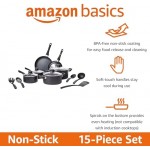 Amazon Basics Non-Stick Cookware Set, Pots, Pans and Utensils - 15-Piece Set