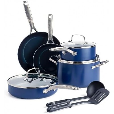 Blue Diamond Pan Cookware Diamond-Infused Ceramic Nonstick Cookware 10-Piece Pots and Pans Set, PFAS-Free, Dishwasher Safe, Oven Safe, Blue