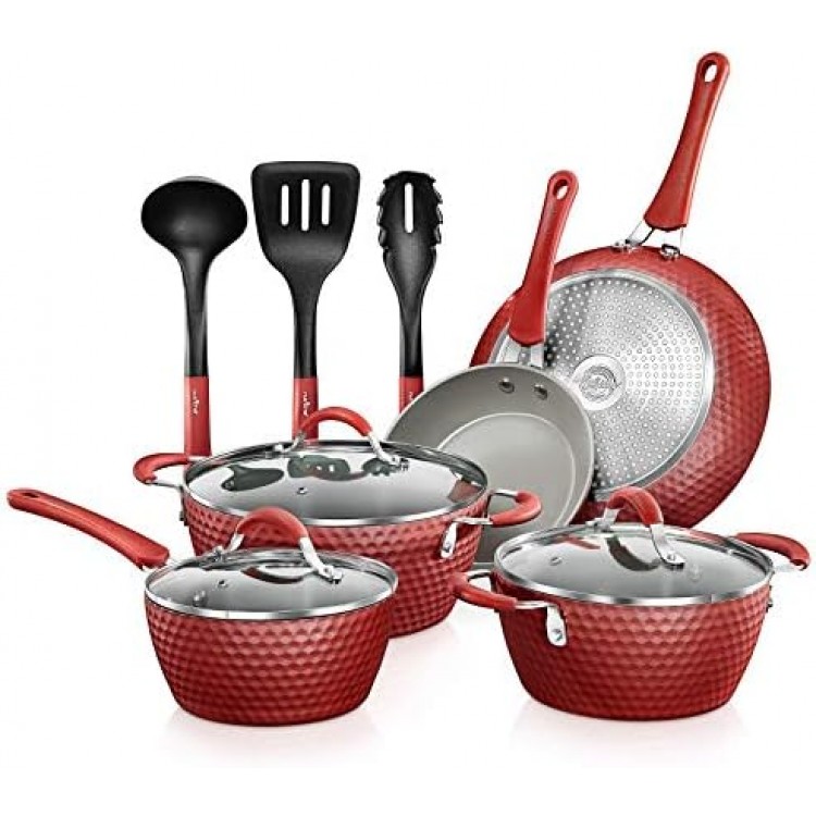 NutriChef Non-Stick Kitchenware Pots & Pans-11 Pcs. Stylish Kitchen Cookware Set w/Elegant Diamond Pattern, Gray Inside & Red Outside, Metal, Silicone Handle, PTFE/PFOA/PFOS Free, Red