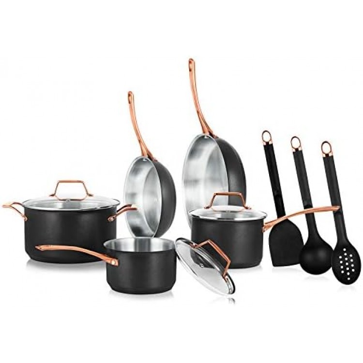 NutriChef 11 Pcs. Stylish Kitchen Set w/Modern Cookware Design Non-Stick Kitchenware Pots & Pans, Small & Medium Skillet Fry Pans w/Golden Handles, NCONYX