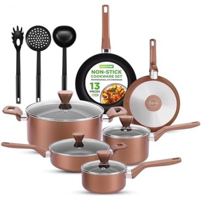 NutriChef 13 Pcs. Nonstick Kitchen Cookware PFOA/PFOS-Free Heat Resistant Kitchenware Set w/Saucepan, Frying Pans, Cooking Pots, Casserole, Lids, & Utensils, Brown