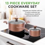 NutriChef 13 Pcs. Nonstick Kitchen Cookware PFOA/PFOS-Free Heat Resistant Kitchenware Set w/Saucepan, Frying Pans, Cooking Pots, Casserole, Lids, & Utensils, Brown