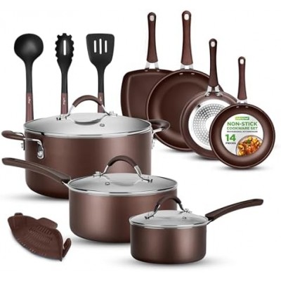 NutriChef Kitchenware Pots & Pans High-Qualified Basic Kitchen Cookware, Non-Stick (14-Piece Set), One Size, Brown