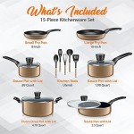 SereneLife Kitchenware Pots & Pans Basic Kitchen Cookware, Black Non-Stick Coating Inside, Heat Resistant Lacquer (15-Piece Set), One Size, Gold