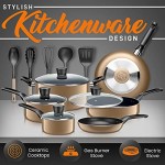 SereneLife Kitchenware Pots & Pans Basic Kitchen Cookware, Black Non-Stick Coating Inside, Heat Resistant Lacquer (15-Piece Set), One Size, Gold