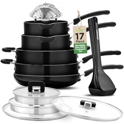 NutriChef Kitchenware Cookware, Non-Stick Pans and Pots with Foldable Knob, Space Saving, Stackable, Nylon Tools, Induction Base, Black (17-Piece Set), One Size