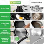 NutriChef Kitchenware Cookware, Non-Stick Pans and Pots with Foldable Knob, Space Saving, Stackable, Nylon Tools, Induction Base, Black (17-Piece Set), One Size