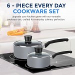 SereneLife Kitchenware Pots & Pans Basic Kitchen Cookware, Black Non-Stick Coating Inside, Heat Resistant Lacquer (6-Piece Set), One Size, Gray