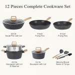 12pcs Pots and Pans Set Non Stick Kitchen Cookware Sets Induction Cookware Nonstick Granite Cooking Set with Frying Pans, Saucepans, Steamer Silicone Shovel Spoon & Tongs (Black)